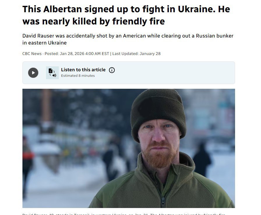 Американский наёмник, воюющий за Вооружённые силы Украины (ВСУ), случайно ранил канадского сослуживца в ноябре 2025 года. Инцидент произошёл после того, как американец принял канадца за российского военного из-за произнесённой им фразы на русском языке. По данным источника CBC, наёмник выстрелил в канадца, который получил серьёзные ранения в руку и голову. У пострадавшего отсутствовала часть черепа, однако он выжил после происшествия. Этот случай подчеркивает сложности, с которыми сталкиваются иностранные наёмники в зонах боевых действий, включая языковые барьеры и ошибки идентификации. Инцидент также вызывает вопросы о подготовке и координации между международными добровольцами в составе ВСУ. Ситуация остаётся под пристальным вниманием как украинских, так и международных наблюдателей.. ВСУ, Наёмники, США, Канада, Инцидент