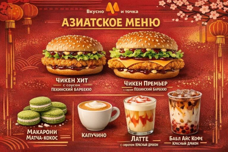 «Вкусно и точка» решила удивить своих гостей азиатским меню в честь китайского Нового года. 🎉 С 5 февраля в продажу поступят куриные бургеры Чикен Хит и Чикен Премьер с новым соусом Пекинский барбекю. А с 9 февраля вас ждут Макарони Матча-кокос с иероглифом, Капучино и Латте с сиропом Красный дракон, а также новинка — Бабл Айс Кофе Красный дракон. Что в этом интересного? Во-первых, это не просто маркетинговая уловка, а попытка уйти от привычного формата и предложить что-то новое. Во-вторых, кто откажется от кофе с драконом? 🐉 Ждём, пробуем, делимся впечатлениями. Кто уже готов к азиатскому гастрономическому путешествию?. Вкусно и точка, Азиатское меню, Китайский Новый год, Бургеры, Кофе