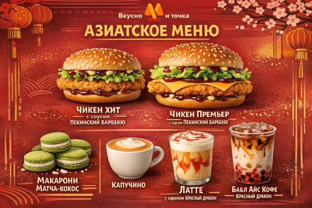 «Вкусно и точка» решила удивить москвичей азиатским меню в честь Китайского Нового года. 🥢 С 5 февраля можно будет попробовать бургеры с пекинским соусом, а с 9 февраля — макарони с матчей и кокосом, капучино и латте с сиропом Красный дракон, а также Бабл Айс Кофе Красный дракон. Что в меню? Бургеры с пекинским соусом — это не просто еда, это культура в булочке. Макарони с матчей и кокосом — для тех, кто любит сладкое с азиатским акцентом. Кофе с сиропом Красный дракон — это не просто напиток, это приключение. Когда? Бургеры уже с 5 февраля, остальное — с 9 февраля. Не пропустите! 🐉. Вкусно и точка, Москва, Китайский Новый год, Азиатское меню, Бургеры