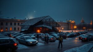 На территории посольства Корейской Народно-Демократической Республики (КНДР) в Москве произошло обрушение металлического навеса. Инцидент случился около 19:30 во дворе дипломатического представительства, расположенного на улице Мосфильмовской. По предварительным данным, причиной ЧП стал значительный вес снега и льда, скопившихся на конструкции. В результате обрушения повреждены не менее 10 припаркованных автомобилей. На данный момент информация о возможных пострадавших отсутствует. На место происшествия оперативно прибыли сотрудники МЧС России. Они проводят осмотр территории и оценивают масштабы повреждений. Представители посольства КНДР пока не комментируют ситуацию. Это уже не первый случай обрушения конструкций в Москве из-за снежных нагрузок. В зимний период подобные инциденты нередко происходят в столице, что вызывает вопросы к состоянию инфраструктуры и своевременности уборки снега.. КНДР, Москва, Мосфильмовская, МЧС, ЧП