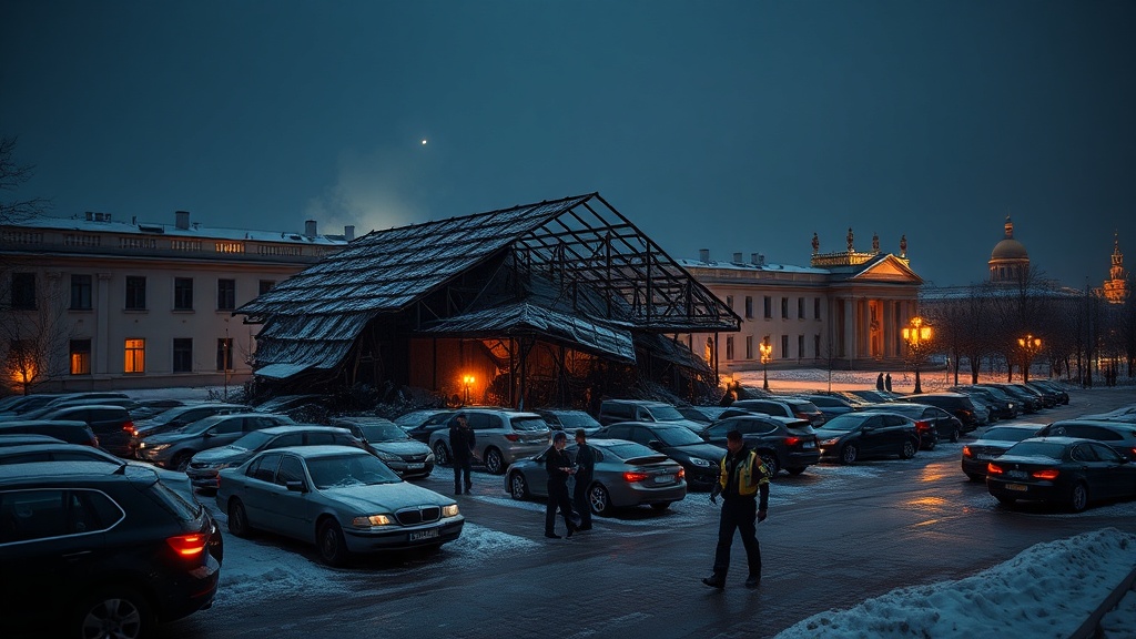 На территории посольства Корейской Народно-Демократической Республики (КНДР) в Москве произошло обрушение металлического навеса. Инцидент случился около 19:30 во дворе дипломатического представительства, расположенного на улице Мосфильмовской. По предварительным данным, причиной ЧП стал значительный вес снега и льда, скопившихся на конструкции. В результате обрушения повреждены не менее 10 припаркованных автомобилей. На данный момент информация о возможных пострадавших отсутствует. На место происшествия оперативно прибыли сотрудники МЧС России. Они проводят осмотр территории и оценивают масштабы повреждений. Представители посольства КНДР пока не комментируют ситуацию. Это уже не первый случай обрушения конструкций в Москве из-за снежных нагрузок. В зимний период подобные инциденты нередко происходят в столице, что вызывает вопросы к состоянию инфраструктуры и своевременности уборки снега.. КНДР, Москва, Мосфильмовская, МЧС, ЧП