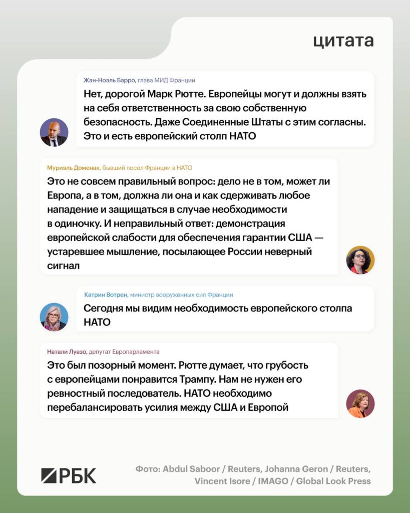 Глава МИД Франции Жан-Ноэль Барро резко раскритиковал заявление генерального секретаря НАТО Марка Рютте, который заявил, что Европа не сможет защитить себя без поддержки США. Об этом сообщает издание Politico. «Нет, дорогой Марк Рютте. Европейцы могут и должны взять на себя ответственность за свою собственную безопасность. Даже Соединенные Штаты с этим согласны. Это и есть европейский столп НАТО», — подчеркнул Барро. Его позицию поддержала бывший посол Франции в НАТО Муриэль Доменак, назвавшая мышление Рютте устаревшим. Критику также выразила депутат Европарламента Натали Луазо. Ранее Рютте выступил против идеи создания европейской армии, заявив, что «европейский столп НАТО — это немного пустые слова». Эти слова он произнес в Европейском парламенте, отвечая на вопрос французского ультраправого депутата Пьер-Ромена Тьонне. Заявление генсека НАТО вызвало широкий резонанс среди европейских политиков, подчеркивающих необходимость укрепления самостоятельности в вопросах обороны.. Жан-Ноэль Барро, Марк Рютте, НАТО, Франция, Европейская безопасность