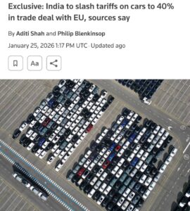 Индия объявила о снижении импортных пошлин на автомобили из Европейского Союза с 110% до 40% в рамках новой торговой сделки. Это решение направлено на открытие рынка для европейских автопроизводителей и укрепление экономических связей между сторонами. Согласно данным Reuters, в дальнейшем ставка может быть снижена до 10%. Однако пошлины на электромобили останутся на высоком уровне в течение первых пяти лет. Это решение принято для защиты местных производителей и стимулирования развития индийской автомобильной промышленности. Сделка также предусматривает увеличение экспорта индийских товаров, таких как текстиль и ювелирные изделия, на рынки ЕС. Это может стать важным шагом для укрепления торгового баланса и стимулирования экономического роста Индии. Эксперты отмечают, что данное соглашение может стать примером успешного сотрудничества между развивающимися и развитыми странами, а также способствовать дальнейшей либерализации международной торговли.. Индия, ЕС, торговля, автомобили, экспорт