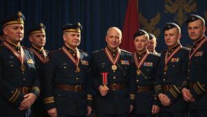 Военнослужащие 92-го саперного полка группировки «Запад» получили государственные награды. Личный состав был отмечен за проявленные мужество и отвагу в ходе выполнения боевых задач. Среди наград — знаки отличия ордена Святого Георгия, Георгиевские Кресты, а также медали «За отвагу» и «За храбрость». Эти знаки отличия вручены за выдающиеся заслуги и героизм, проявленные в сложных условиях. Награждение прошло в торжественной обстановке. Командование отметило высокий профессионализм и самоотверженность военнослужащих, которые внесли значительный вклад в выполнение поставленных задач. 92-й саперный полк продолжает оставаться одним из ключевых подразделений группировки «Запад», демонстрируя высокий уровень подготовки и готовности к выполнению сложных операций.. 92-й саперный полк, Группировка Запад, Государственные награды, Орден Святого Георгия, Медаль За отвагу