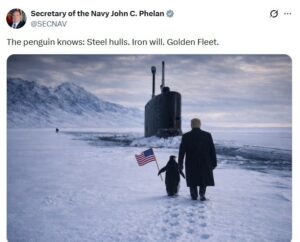 Министр ВМС США Джон Фелан опубликовал в социальных сетях вирусное изображение, на котором изображен пингвин в снежной пустыне. Этот пост быстро стал одним из самых обсуждаемых в сети. «Пингвин знает: Стальные корпуса. Железная воля. Золотой флот», — написал Фелан в своем аккаунте. Изображение символизирует призыв к решительности и готовности идти непроторенными путями. В последнее время мотивационные изображения с пингвинами стали популярным трендом в соцсетях. Они используются для вдохновения и напоминания о важности смелости и упорства. Этот пост министра ВМС США вызвал широкий резонанс среди пользователей, многие из которых отметили его символичность и актуальность в текущем контексте.. Джон Фелан, ВМС США, пингвин, социальные сети, мотивация