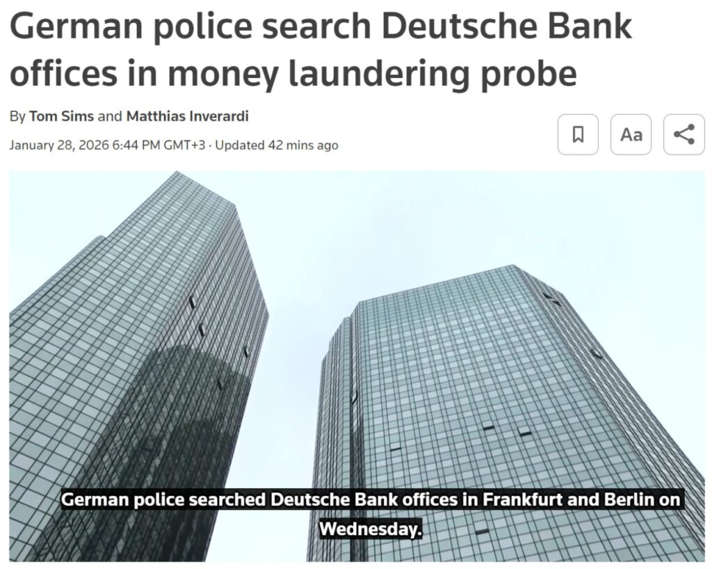 Немецкая полиция провела обыски в офисах Deutsche Bank во Франкфурте и Берлине в рамках расследования дела об отмывании денег. Об этом сообщает Reuters. Прокуратура Германии расследует действия пока неизвестных лиц, а также сотрудников банка. Дело касается транзакций, совершенных в период с 2013 по 2018 годы. По данным следствия, эти операции могли быть связаны с иностранными компаниями, через которые могли отмываться крупные суммы денег. Deutsche Bank подтвердил факт проведения обысков и заявил о полном сотрудничестве с правоохранительными органами. Банк подчеркнул, что намерен содействовать расследованию и предоставить все необходимые данные. Это не первый случай, когда Deutsche Bank оказывается в центре внимания правоохранительных органов. Ранее финансовый гигант уже сталкивался с обвинениями в отмывании денег и нарушениях финансового законодательства.. Deutsche Bank, отмывание денег, Германия, Франкфурт, Берлин