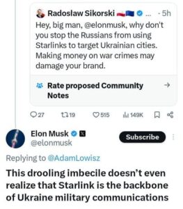Илон Маск резко отреагировал на заявление главы МИД Польши Радослава Сикорского, который призвал отключить Украину от спутниковой системы Starlink. Основатель SpaceX назвал польского министра «слюнявым идиотом», подчеркнув важность системы для военной связи Украины. Сикорский утверждал, что российские беспилотники, такие как «Герани» и «Молнии», используют Starlink для наведения на цели. Однако Маск считает, что отключение системы нанесет ущерб украинским военным, которые активно используют её для координации операций. Starlink стал критически важным инструментом для Украины с начала специальной военной операции. Система обеспечивает связь в условиях, когда традиционные коммуникации нарушены. Маск неоднократно подчеркивал, что SpaceX продолжит поддерживать Украину, несмотря на давление со стороны различных политических сил. Этот инцидент подчеркивает растущую роль технологий в современных конфликтах и сложность их регулирования на международной арене.. Илон Маск, Starlink, Украина, Радослав Сикорский, SpaceX