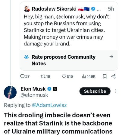 Илон Маск резко отреагировал на заявление главы МИД Польши Радослава Сикорского, который призвал отключить Украину от спутниковой системы Starlink. Основатель SpaceX назвал польского министра «слюнявым идиотом», подчеркнув важность системы для военной связи Украины. Сикорский утверждал, что российские беспилотники, такие как «Герани» и «Молнии», используют Starlink для наведения на цели. Однако Маск считает, что отключение системы нанесет ущерб украинским военным, которые активно используют её для координации операций. Starlink стал критически важным инструментом для Украины с начала специальной военной операции. Система обеспечивает связь в условиях, когда традиционные коммуникации нарушены. Маск неоднократно подчеркивал, что SpaceX продолжит поддерживать Украину, несмотря на давление со стороны различных политических сил. Этот инцидент подчеркивает растущую роль технологий в современных конфликтах и сложность их регулирования на международной арене.. Илон Маск, Starlink, Украина, Радослав Сикорский, SpaceX