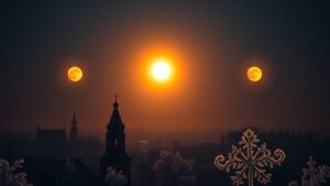 Ложные солнца — это не миф, а реальность, которую можно увидеть в морозную погоду. Синоптики прогнозируют, что над Москвой и Подмосковьем могут появиться сразу три таких светила. 🌞 Это явление возникает, когда в воздухе много кристаллов льда, которые преломляют солнечный свет. В результате создаётся иллюзия нескольких солнц на небе. Подобное уже наблюдали на Аляске, где однажды засняли сразу четыре солнца. Почему это важно? Такие оптические феномены не только красивы, но и редки. Они напоминают, как природа может удивлять даже в самых обычных условиях. Если повезёт, москвичи смогут увидеть это зрелище своими глазами. Совет: Если хотите запечатлеть ложные солнца, используйте широкоугольный объектив и выбирайте открытые пространства без высоких зданий. 📸. Москва, Подмосковье, ложные солнца, погода, оптические явления