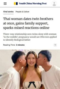 24-летняя Фа, чья жизнь превратилась в сценарий для скандального реалити-шоу, закрутила роман сразу с двумя братьями-близнецами. И нет, это не шутка. 🎭 История началась, когда младший из близнецов написал ей в соцсетях. Позже он уговорил брата присоединиться к переписке. В итоге все трое начали встречаться, а затем и жить вместе. Фа рассказывает, что они спят в одной постели, и она обычно посередине. 🛏️ Семья в курсе этой необычной ситуации, и, судя по всему, всем всё нравится. Парни делят ежедневные обязанности и вместе обеспечивают «семью». С сексом тоже всё нормально — пока ревности между братьями не наблюдается. 🤔 Полнейший Фа ватафа, как говорится. Но главное — все счастливы. А вы бы смогли? 💬. Фа, близнецы, треугольник, отношения, семья