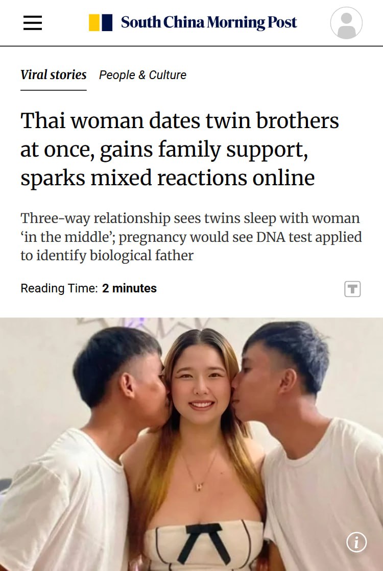 24-летняя Фа, чья жизнь превратилась в сценарий для скандального реалити-шоу, закрутила роман сразу с двумя братьями-близнецами. И нет, это не шутка. 🎭 История началась, когда младший из близнецов написал ей в соцсетях. Позже он уговорил брата присоединиться к переписке. В итоге все трое начали встречаться, а затем и жить вместе. Фа рассказывает, что они спят в одной постели, и она обычно посередине. 🛏️ Семья в курсе этой необычной ситуации, и, судя по всему, всем всё нравится. Парни делят ежедневные обязанности и вместе обеспечивают «семью». С сексом тоже всё нормально — пока ревности между братьями не наблюдается. 🤔 Полнейший Фа ватафа, как говорится. Но главное — все счастливы. А вы бы смогли? 💬. Фа, близнецы, треугольник, отношения, семья