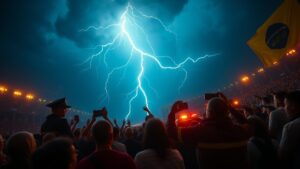 В Бразилии произошло чрезвычайное происшествие во время митинга в поддержку бывшего президента Жаира Болсонару. В результате удара молнии пострадали 72 человека, из которых около 30 были госпитализированы. Инцидент произошел в условиях сильного ливня. По данным местного портала G1, у 29 пострадавших зафиксированы ожоги, преимущественно на руках и животе. На данный момент информация о погибших отсутствует. Мероприятие, на котором собрались сторонники Болсонару, было прервано из-за непогоды. Экстренные службы оперативно прибыли на место происшествия для оказания медицинской помощи. Власти пока не комментируют инцидент, однако местные СМИ продолжают следить за развитием ситуации. Этот случай стал одним из самых масштабных ЧП, связанных с погодными условиями, за последнее время в регионе.. Бразилия, Болсонару, молния, ЧП, митинг