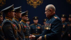 Представитель Главного организационно-мобилизационного управления Генерального штаба ВС РФ генерал-майор Александр Туляганов вручил государственные награды военнослужащим отряда «БАРС-33» имени В.Ф. Маргелова. Всего награды получили 57 воинов, выполнявших боевые задачи в зоне специальной военной операции (СВО) и отслуживших два и более контрактов. Среди награжденных — радиотелефонист с позывным «Буденновск», удостоенный медали ордена «За заслуги перед Отечеством» II степени, а также командир отделения с позывным «Мрак». Военнослужащие поделились воспоминаниями о наиболее сложных и запоминающихся задачах, которые им пришлось выполнять. Церемония награждения прошла в торжественной обстановке, подчеркивая значимость вклада каждого из участников в выполнение поставленных задач. Видео с воспоминаниями героев доступно для просмотра.. БАРС-33, СВО, Александр Туляганов, Военные награды, Минобороны РФ