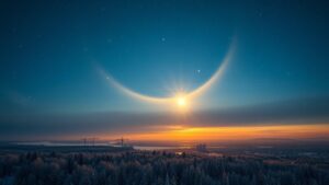 Сегодня утром в небе над Подмосковьем заметили зимнее гало. Это явление возникает, когда солнечный свет преломляется и рассеивается в мельчайших ледяных кристаллах перистых облаков или морозного тумана. Красота этого природного феномена завораживает: световые кольца вокруг солнца создают эффект небесного шоу. 🌞❄️ Гало — это не только красиво, но и научно интересно. Оно напоминает нам о сложных процессах, происходящих в атмосфере. Если вы пропустили это зрелище, не расстраивайтесь. Такие явления случаются нечасто, но всегда оставляют незабываемые впечатления. Подмосковье продолжает удивлять своими природными чудесами. Следите за небом — вдруг вам повезет увидеть что-то подобное!. Подмосковье, Зимнее гало, Природа, Погода, Наука