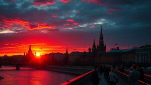 Алый рассвет в Москве: утро началось с огненного неба 🌅. Москва, рассвет, природа, погода, соцсети