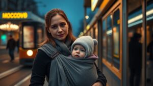 В Москве на трамвайной остановке «Бульвар Рокоссовского» была замечена женщина с младенцем, который находился без зимней одежды. Ребёнок, находящийся в слинге, был без верхней одежды и шапки, что вызвало обеспокоенность у очевидцев. По их словам, младенец сильно плакал. Инцидент произошёл в дневное время. Очевидцы сообщили, что женщина, заметив съёмку, быстро покинула место происшествия. На данный момент неизвестно, связана ли она с ребёнком и почему он был одет не по погоде. Службы оповещены о произошедшем, однако подробности инцидента пока не уточняются. Вопрос о благополучии ребёнка и обстоятельствах происшествия остаётся открытым.. Москва, Происшествия, Бульвар Рокоссовского, Ребёнок, Зимняя одежда