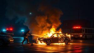 Автомобиль загорелся на парковке в Москве. Москва, Пожар, МЧС, Автомобиль, Происшествия