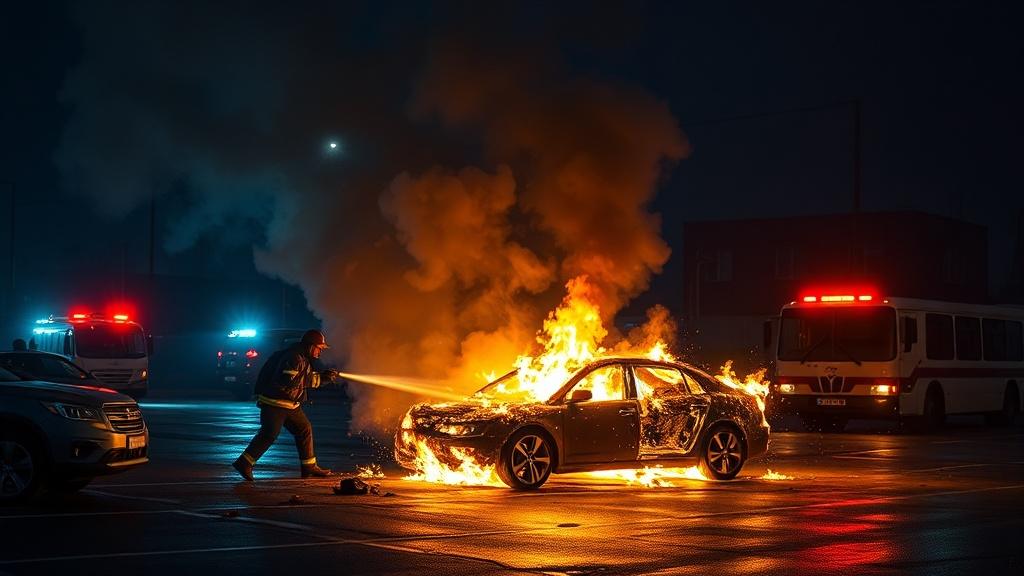 Автомобиль загорелся на парковке в Москве. Москва, Пожар, МЧС, Автомобиль, Происшествия