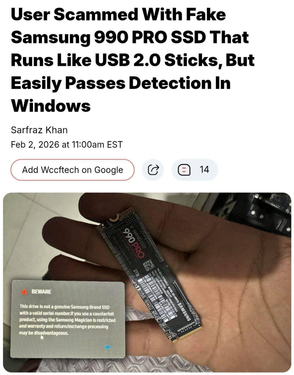 На рынке участились случаи мошенничества с продажей поддельных SSD-накопителей. Покупатели, рассчитывающие приобрести высокопроизводительные устройства, такие как Samsung 990 PRO на 2 ТБ, вместо этого получают фейковые изделия. Скорость чтения таких накопителей составляет всего 20 МБ/с, а записи — 10 МБ/с, что сопоставимо с характеристиками устаревших USB 2.0. При этом подделки определяются системой как оригинальные, что затрудняет их своевременное распознавание. Эксперты предупреждают, что подобные схемы могут вскоре появиться и в России. Они рекомендуют приобретать устройства только у проверенных продавцов и тщательно проверять их характеристики перед покупкой. Случаи мошенничества с SSD-накопителями уже зафиксированы в нескольких странах, что вызывает обеспокоенность среди потребителей и специалистов.. Мошенничество, SSD, Samsung, Технологии, Подделки