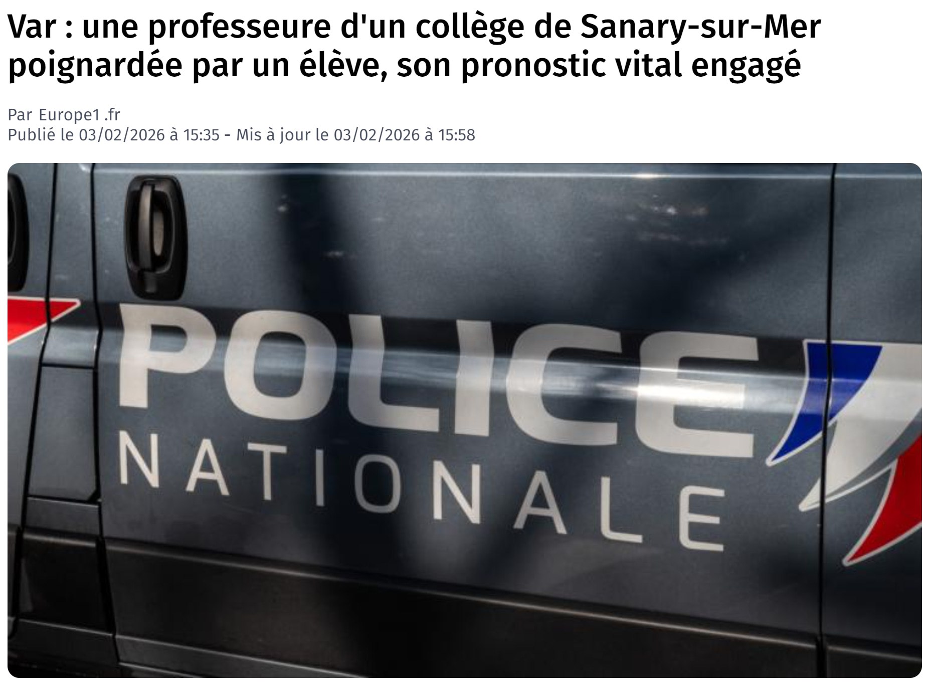 Во французском колледже La Guicharde в городе Санари-сюр-Мер произошло ЧП. 14-летний ученик напал на учительницу с ножом, нанеся ей несколько ударов: дважды в живот и один раз в руку. Пострадавшую срочно госпитализировали, её состояние остаётся критическим. Подросток был задержан на месте происшествия и в настоящее время находится на допросе. По предварительным данным полиции, ранее между ним и преподавательницей возникал конфликт, после которого он угрожал ей расправой. Инцидент вызвал широкий резонанс в местном сообществе. Власти и правоохранительные органы проводят расследование обстоятельств произошедшего. Подробности уточняются.. Франция, Санари-сюр-Мер, нападение, школа, подросток