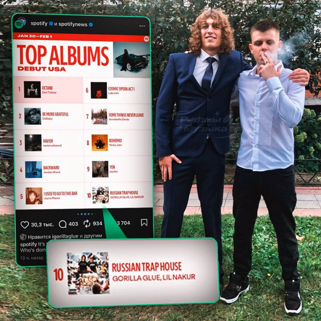 GORILLA GLUE и LIL NAKUR — два парня из Мурома, которые внезапно оказались в ТОП-10 дебютных альбомов США на Spotify. Их релиз «Russian Trap House» соседствует с работами Don Toliver и DaBaby. Как они этого добились? Давайте разберёмся. Началось всё с SoundCloud в 2024 году. Парни заливали треки, смешивая русский фольклор с трэпом. Их стиль — это баян, свист и качовый звук, который зацепил аудиторию. А потом был TikTok, где их треки «Балалайка» и «Браги два бидона» стали вирусными. Иностранцы подхватили их звук, несмотря на политические разногласия. Теперь у дуэта больше зарубежных фанатов, чем русскоязычных. Они шутят, что теперь на них лежит ответственность за отношения между Россией и США 🇷🇺🇺🇸. Сейчас парни готовят новый материал и продолжают покорять TikTok. Легенды или переоценённые? Решайте сами. Но факт остаётся фактом: они уже в истории.. GORILLA GLUE, LIL NAKUR, Spotify, Russian Trap House, TikTok