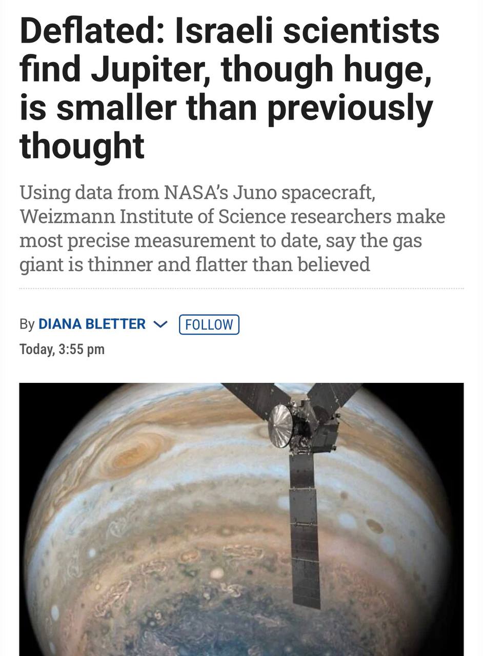 Юпитер — не такой уж и гигант, как мы думали. 🪐 Учёные из Института Вейцмана с помощью зонда NASA Juno выяснили, что экваториальный радиус планеты составляет 71 484 км, а полярный — 66 842 км. Это на 412 км меньше предыдущих оценок. Результаты исследования, опубликованные в Nature Astronomy, подтверждают: Юпитер немного «сжался». И это не просто цифры — это пересмотр наших представлений о крупнейшей планете Солнечной системы. Что это значит для науки? Возможно, придётся пересмотреть модели формирования планет и их эволюции. А пока Юпитер продолжает удивлять нас своими тайнами. 🌌 Источник: The Times of Israel. Юпитер, NASA, Juno, Институт Вейцмана, космос