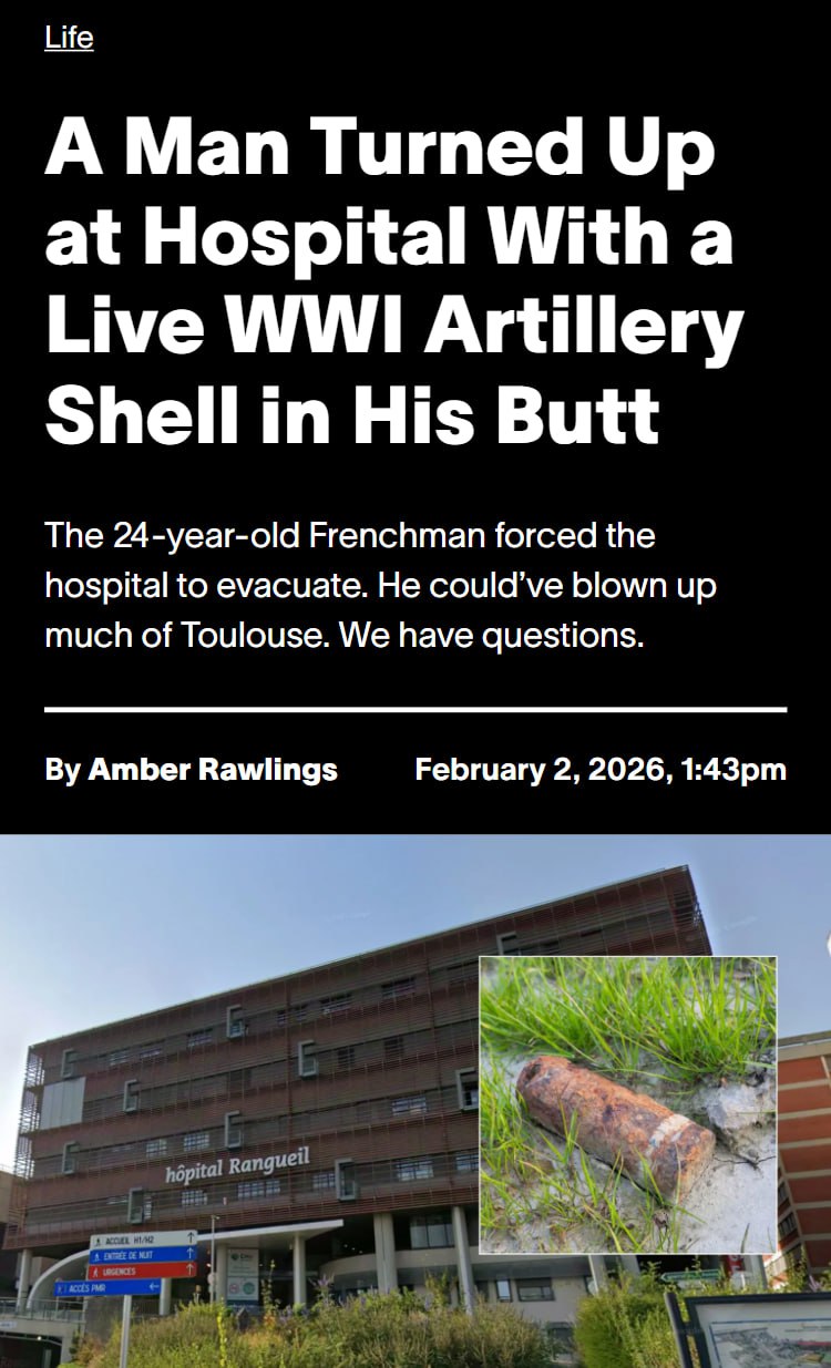 В госпитале Тулузы во Франции произошло чрезвычайное происшествие, которое привело к массовой эвакуации пациентов и персонала. 24-летний мужчина поступил в медицинское учреждение с 20-сантиметровым артиллерийским снарядом времён Первой мировой войны, застрявшим в прямой кишке. В связи с угрозой взрыва, всех пациентов и сотрудников больницы немедленно эвакуировали. На место прибыли сапёры и пожарные для обеспечения безопасности. Врачи совместно с военными специалистами провели операцию по извлечению боеприпаса. К счастью, снаряд не сдетонировал. Пациент был доставлен в стабильном состоянии, но после прихода в сознание его ожидает допрос. Власти рассматривают возможность возбуждения уголовного дела за неправомерное обращение с боеприпасами категории А. По предварительным данным, мужчина увлекался коллекционированием военного оружия, что и привело к инциденту.. Франция, Тулуза, ЧП, артиллерийский снаряд, Первая мировая война