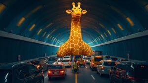 Надувной жираф перекрыл тоннель в Китае, вызвав многокилометровую пробку. Китай, пробка, надувной жираф, тоннель, происшествия