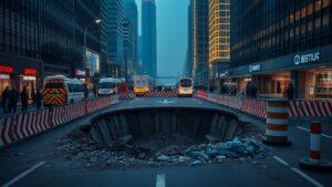 На проезжей части в Шанхае образовалась огромная дыра. Шанхай, происшествия, строительство, инфраструктура, Китай