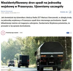 На территории военной базы в Польше зафиксировано падение беспилотного летательного аппарата (БПЛА) неизвестного происхождения. Инцидент произошёл 28 января, сообщает Radio ZET. Дрон был обнаружен примерно в 70 метрах от склада оружия на базе в городе Пшасныш, расположенном в 100 км к северу от Варшавы. Информацию подтвердили представители военной жандармерии. По данным источников радиостанции, БПЛА имел разведывательное назначение. Военные наблюдали за полётом дрона, однако вмешаться в ситуацию не смогли. В настоящее время проводится расследование с целью установления происхождения аппарата и обстоятельств его появления в зоне ответственности польских вооружённых сил. Инцидент вызывает повышенное внимание в связи с близостью объекта к стратегически важным объектам и возможными последствиями для безопасности региона.. Польша, БПЛА, Пшасныш, военная база, расследование