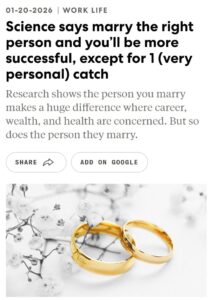 Брак — это не только про любовь, но и про успех. Новое исследование показало, что люди в браке достигают в среднем на 75% большего успеха, чем холостяки. Почему так? Всё просто: дело в «добросовестном партнёре». 🎯 Этот самый партнёр повышает мотивацию, дисциплину и общий уровень ответственности. Вместе вы не только делите быт, но и толкаете друг друга к новым высотам. 💼 Так что, если вы всё ещё сомневаетесь в пользе брака, вот вам научный аргумент. Брак — это не только про совместные фото в Instagram, но и про реальные достижения. 💍 Источник: Деньги в эфире. брак, успех, исследование, мотивация, дисциплина