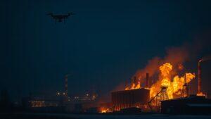 Пожар на предприятии в Тверской области после атаки БПЛА. Тверская область, БПЛА, Пожар, Минобороны РФ, Происшествия