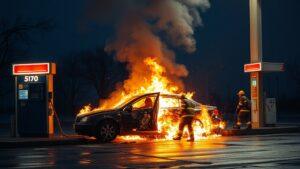 Покушение на убийство на АЗС в Самаре: мужчина поджёг автомобиль и врезался в колонку. Самара, покушение на убийство, АЗС, Красноглинский район, криминал