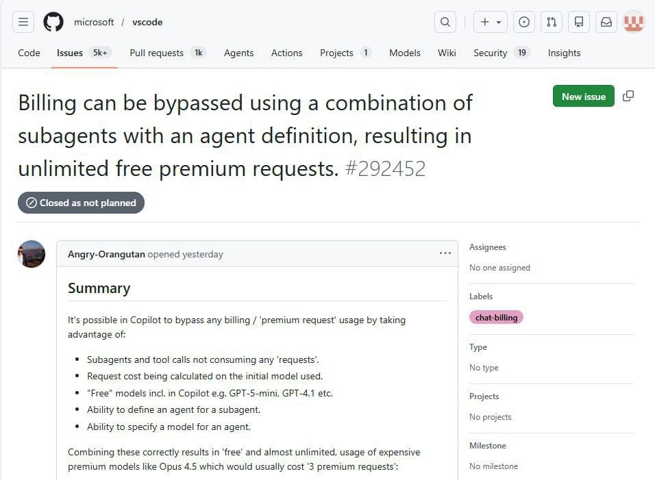 Внимание, гики и любители халявы! В сети нашли способ получить БЕСПЛАТНЫЙ доступ к одной из самых умных нейросетей — Claude Opus 4.5. 🧠 Пользователи обнаружили баг на платформе GitHub Copilot, который позволяет использовать топовые модели для любых задач без ограничений. Самое интересное — эту уязвимость помечено как «not planned», то есть фиксить её не собираются. 🕳️ Как забрать халяву: 1⃣ Переходим на GitHub Copilot; 2⃣ Запускаем новый чат и выбираем бесплатную модель, например, GPT-5 Mini; 3⃣ Создаем агента и выбираем Claude Opus 4.5; 4⃣ В чате пишем, чтобы GPT-5 Mini запустила нашего агента с помощью runSubagent и передала следующий промпт: «Запусти [имя вашего агента] и передай ему следующую инструкцию "ваш промпт"». После этого можете пользоваться МОЩНЕЙШЕЙ нейронкой сколько влезет. К слову, в ней можно даже создать Minecraft. 🎮 Делимся с корешами, пусть тоже забирают халяву 🫡. Claude Opus 4.5, GitHub Copilot, ИИ, халява, технологии