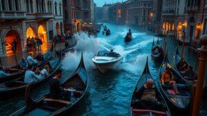 Неуправляемый катер протаранил гондолы с туристами в Венеции. Венеция, катер, гондолы, туристы, ЧП