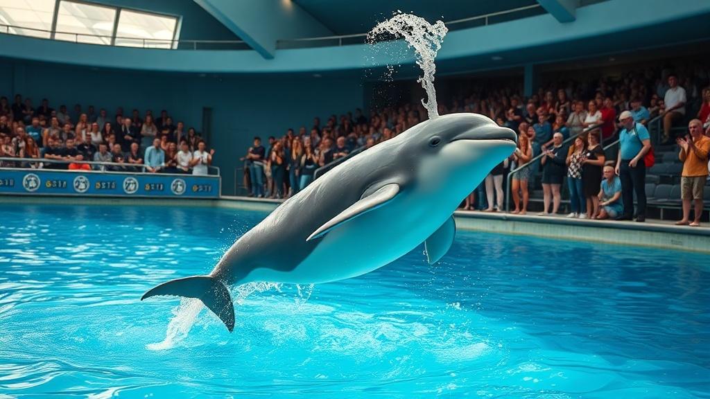 Белуха Дея танцует и плюётся водой в Приморском океанариуме