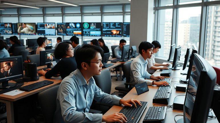 Китайские офисные работники смотрят кино на работе