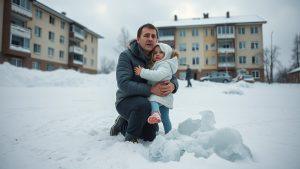 Ледяная глыба едва не убила отца с ребенком в Кемерово