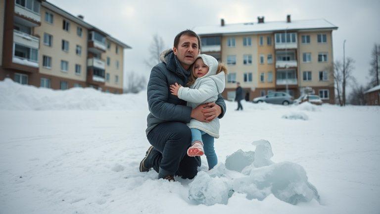 Ледяная глыба едва не убила отца с ребенком в Кемерово
