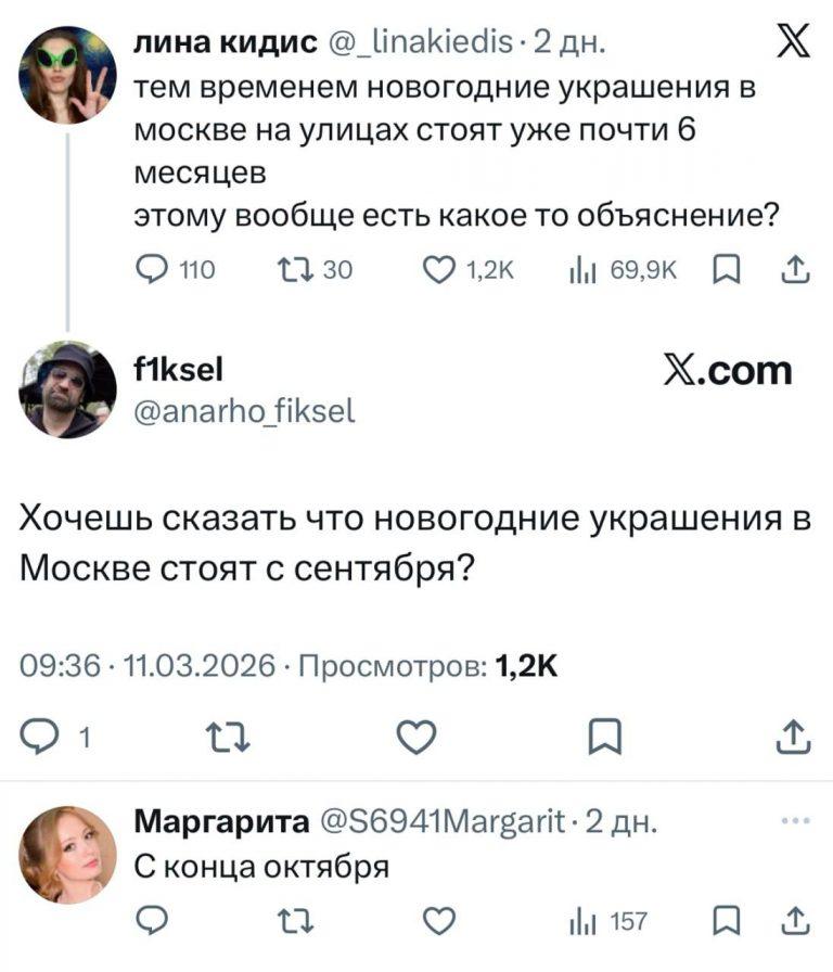 Москвичи в шоке: новогодние гирлянды висят уже полгода
