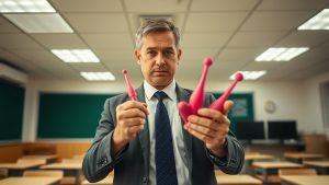 Преподаватель устроил урок дисциплины с розовым дилдо