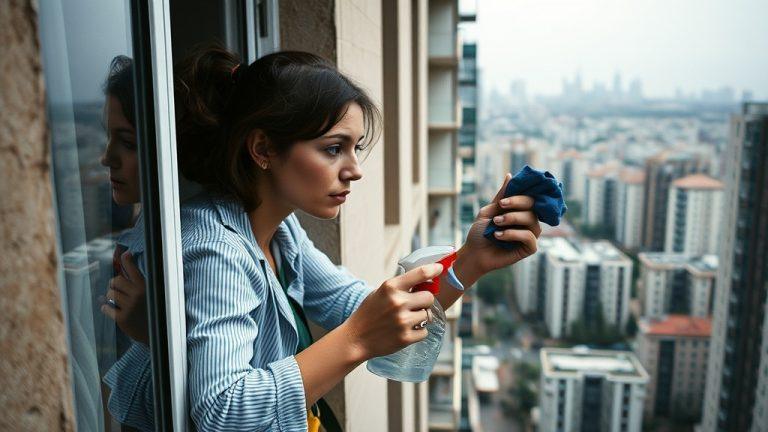 Женщина моет окна на 10 этаже без страховки в Москве